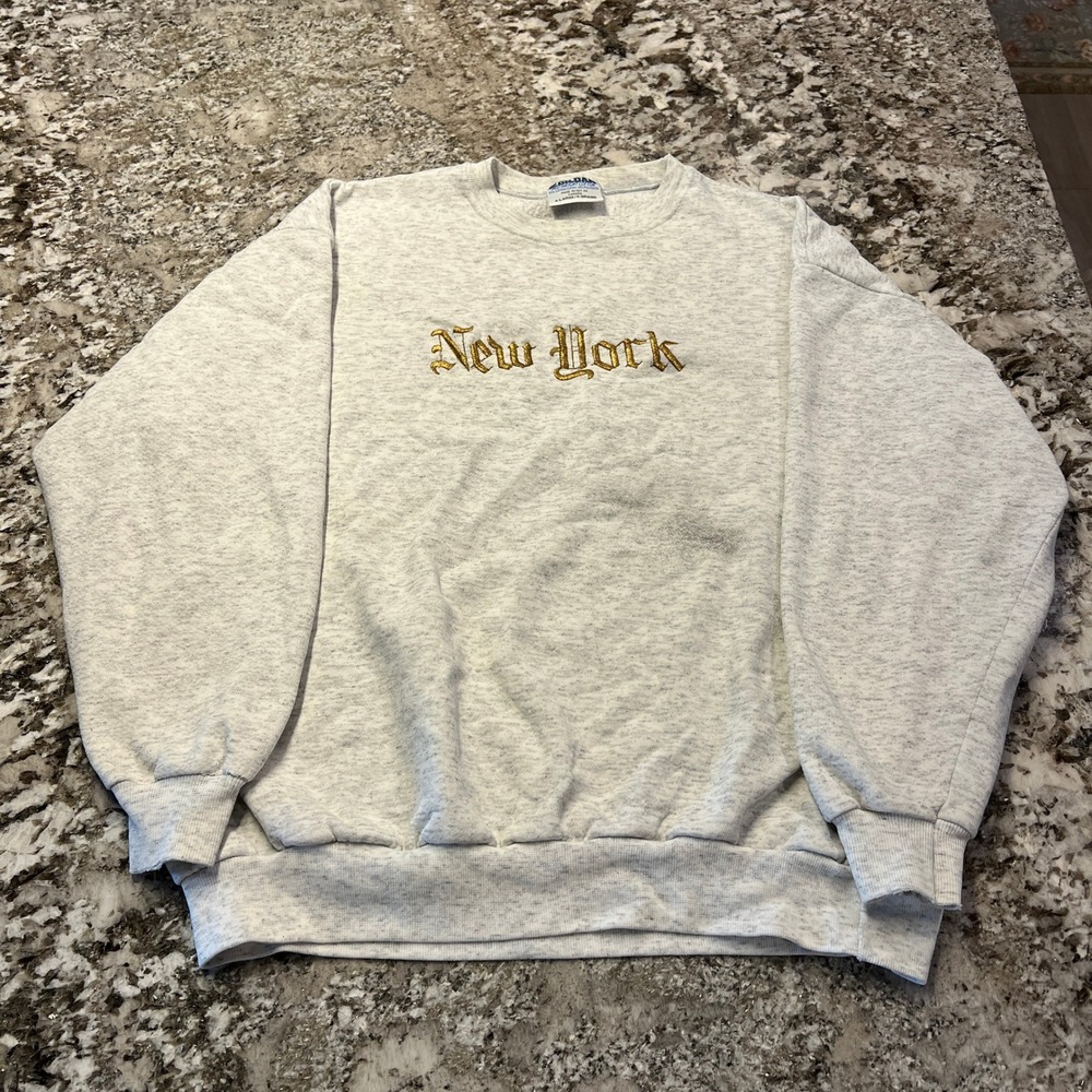 Vintage 1990s Gildan‎ New York City Crewneck Sweatshirt XL Ash Gray Gold Glitter